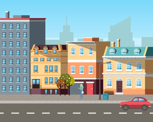 Empty street, sun light on buildings colored in different shades. Cars driving on roads, city life with transport and residential property of people. Old town appartmens Vector in flat cartoon style