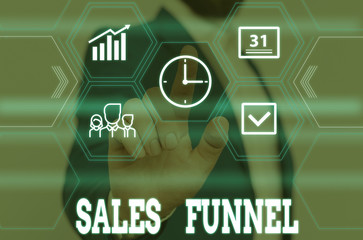 Writing note showing Sales Funnel. Business concept for process through which a company ells its products to buyers Male wear formal work suit presenting presentation smart device