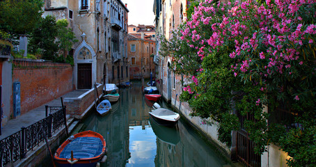 Venecia, canal típico con casas adornadas con flores