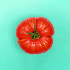 Homegrown organic beef tomato isolated on green background, top minimal view in natural light - 294905412