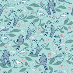 Vector green birds leaf berries seamless background pattern. Perfect for fabric, scrapbooking, wrapping paper, invitation projects
