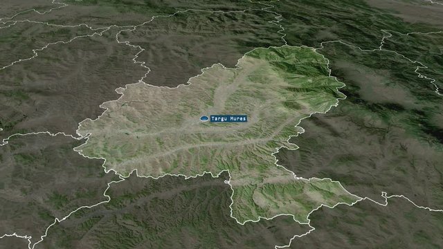 Mureș - county of Romania with its capital zoomed on the satellite map of the globe. Animation 3D