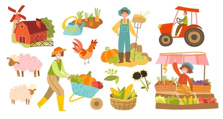 Set of local organic production icons. Farmers doing various agricultural works. Vector illustration