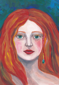 Portrait of a woman oil painting. Girl with green eyes and red hair abstract artwork. Impressionist art. Beautiful female face on blue green background. Illustration for cards, blogs, templates.