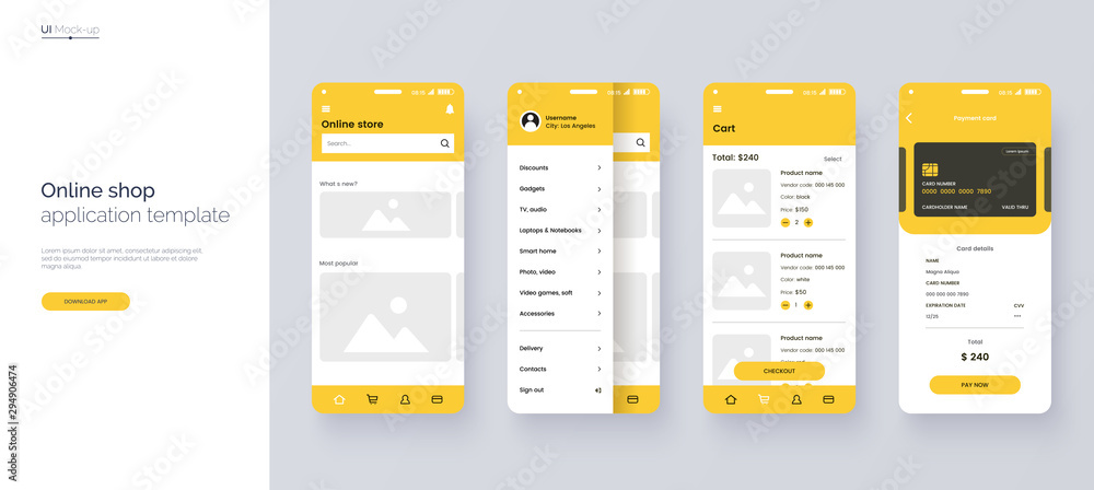 Poster Online store mobile app template. UI, UX, GUI design elements. Shopping application wireframe. User Interface kit isolated on grey background. Online shop website concept. Vector eps 10.