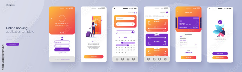 Poster Online booking service mobile application template. UI, UX, GUI design elements. Travel application wireframe. User Interface kit isolated on grey background. Vector eps 10.