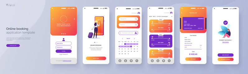 Online booking service mobile application template. UI, UX, GUI design elements. Travel application wireframe. User Interface kit isolated on grey background. Vector eps 10. - obrazy, fototapety, plakaty