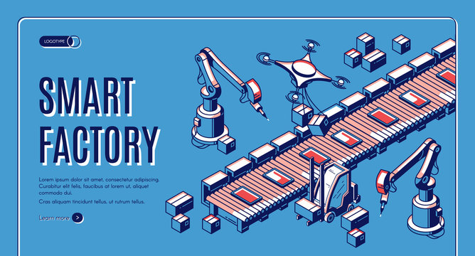 Smart factory isometric web banner. Smart robots hands work on assemble line, drones take production from conveyor belt for delivery. Automation process 3d vector illustration, line art landing page