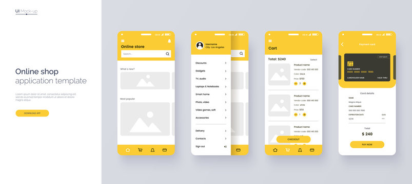 Online store mobile app template. UI, UX, GUI design elements. Shopping application wireframe. User Interface kit isolated on grey background. Online shop website concept. Vector eps 10.
