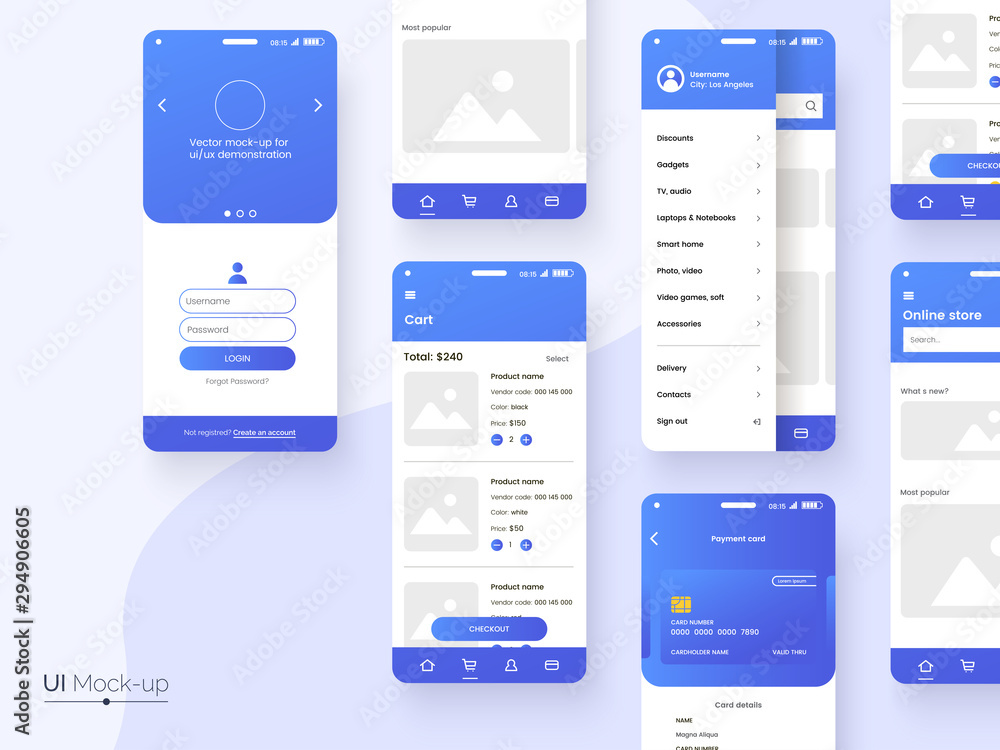 Poster User interface design template in blue colors. Conceptual mobile phone screen mock-up for application interface presentation. UI, UX, GUI kit isolated on grey background. Vector eps 10.