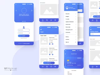 Fotobehang User interface design template in blue colors. Conceptual mobile phone screen mock-up for application interface presentation. UI, UX, GUI kit isolated on grey background. Vector eps 10. © alexandertrou