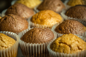 Closeup of baked brown muffins in paper molds
