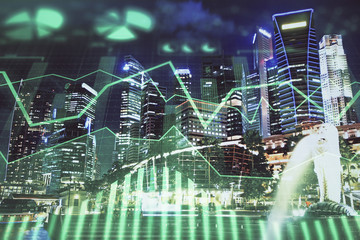 Financial chart on city scape with tall buildings background multi exposure. Analysis concept.