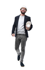 in full growth. engineer architect with drawings steps forward