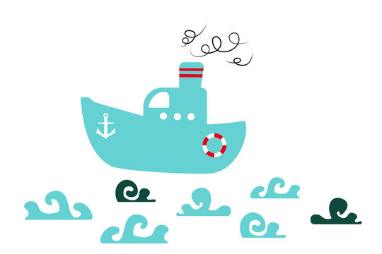  Isolated blue boat and waves on a white background. flat vector. illustration