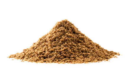 Pile of ground flax on a white background. Isolated.