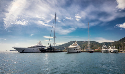 Bay and small sea port with boats in La Spezia. Mediterranean Sea, Liguria, Italy, South Europe