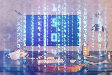 Technology theme drawing and table with computer. Double exposure. Concept of information.