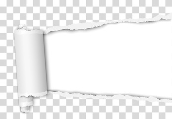 Torn elongated hole from right to left side in transparent sheet of paper with wrapped paper tear and white background. Vector template design. Paper mockup. - 294910065