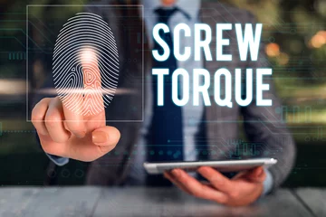 Foto op Aluminium Text sign showing Screw Torque. Business photo text measure of the twisting force required to spin the nut Woman wear formal work suit presenting presentation using smart device © Artur