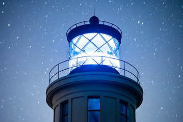 Close Low Angle Lighthouse with Star-Filled Night Sky