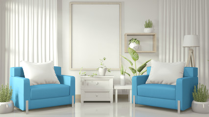 Mock up poster frame in white living room with blue armchair and decoration plants on white glossy floor.3D rendering