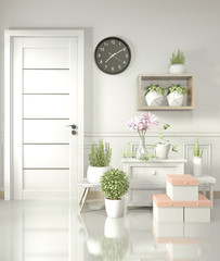 Mock up white cabinet on white room glossy floor and decoration plants.3D rendering