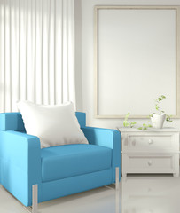 Mock up poster frame in white living room with blue armchair and decoration plants on white glossy floor.3D rendering