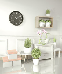 Fototapeta na wymiar Mock up white cabinet on white room glossy floor and decoration plants.3D rendering