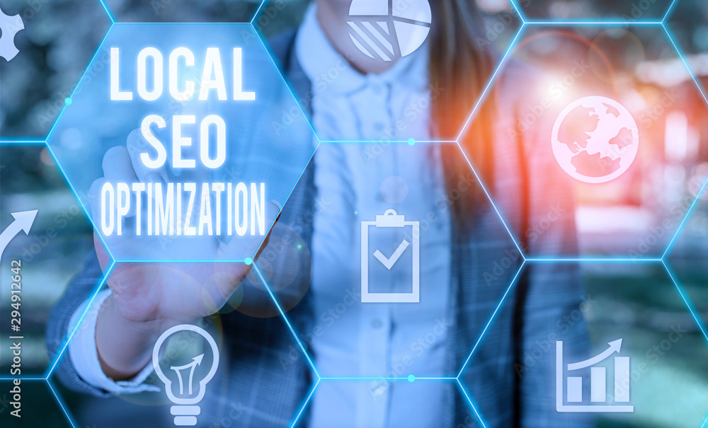 Poster writing note showing local seo optimization. business concept for increase search visibility to rank