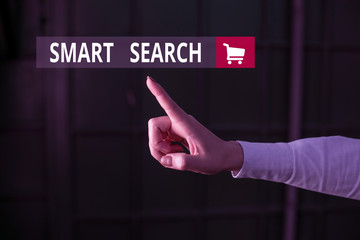 Word writing text Smart Search. Business photo showcasing tool used in recording software for searching based on motion Finger pointing in the Dark with hand pointing in the copy space