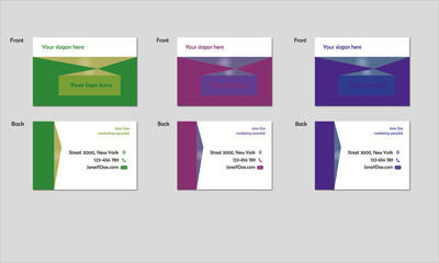 Business card set 3pc on grey background.  Color green-yellow, purple-violet, violet-blue. Vector illustration