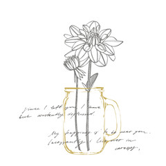 Hand-drawn ink dahlias. Floral elements. Graphic flowers illustrations. Botanical plant illustration. Handwritten abstract text