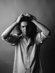 Portrait of sad young man. Black and white.