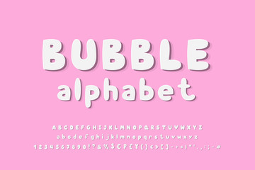 Cute Bubble vector alphabet. Uppercase and lowercase letters, numbers, currency symbols. Cartoon typeface, white color. Hand drawn