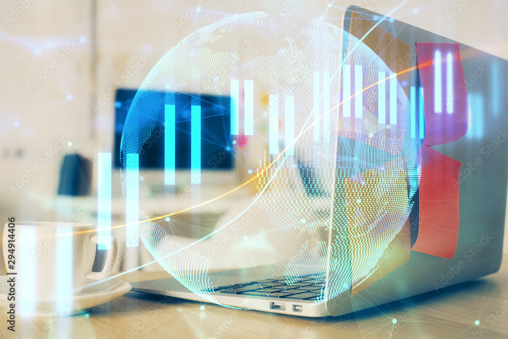 Aufkleber financial chart drawing and table with computer on background. double exposure. concept of internati