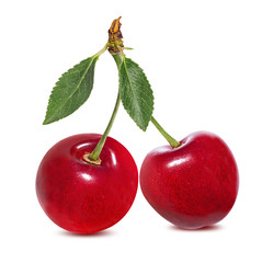 Cherry with leafs isolated on white background.