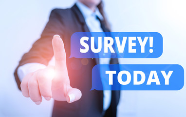 Text sign showing Survey. Business photo text research method used for collecting data from a predefined group Digital business in black suite concept with business woman