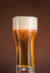 Full narrow glass of beer with foam on an orange brown background