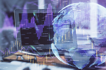 Multi exposure of forex chart and work space with computer. Concept of international online trading.