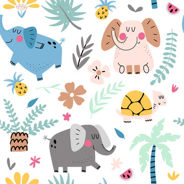 Seamless background with cute elephants