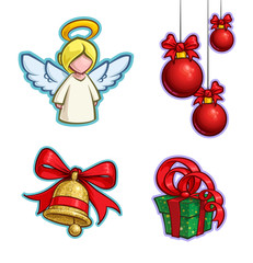 Christmas Cartoon Icon Set - Angel Hanging Balls Bell Gift