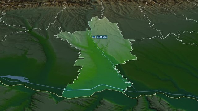 Olt - county of Romania with its capital zoomed on the physical map of the globe. Animation 3D