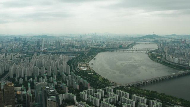 Aerial view of Seoul city centre, Seoul in a cloudy weather, city around the Hangang river