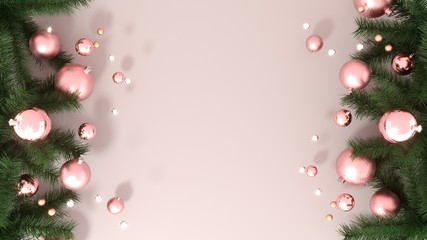 Holiday banner 2020 with copy space for Christmas, new year, winter holidays, sales days. Branches of green spruce,  shiny toys, balls on pastel  background-3D render. New year greeting card, poster. 