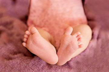  Feet of the newborn baby girl with pink flowers, fingers on the foot, maternal care, love and family hugs, tenderness. 