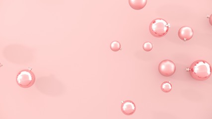 Pink shiny toys, balls, bubbles on pastel  background-3D render. New year greeting card, poster. Holiday banner 2020 with copy space for Christmas, new year, winter holidays, sales days.