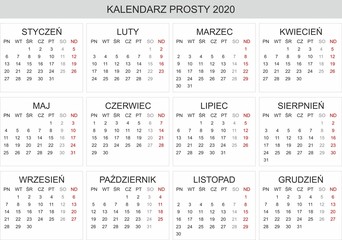 Polish Calendar 2020, Kalendarz polski 2019, monthly planning, Polish calendar template for year 2020, set of 12 months, simple calendar vector	