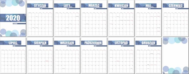 Polish Calendar 2020, Kalendarz polski 2019, monthly planning, Polish calendar template for year 2020, set of 12 months, printable calendar vector	
