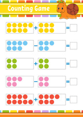 Addition and subtraction. Task for kids. Education developing worksheet. Activity color page. Game for children. Funny character. Isolated vector illustration. Cartoon style.